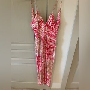 Zara Res and White Patterned Linen Dress Size L